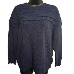 J. Crew Shirt Large Blue Wool Blend Knit Sweater Ruffled Design Classic Preppy